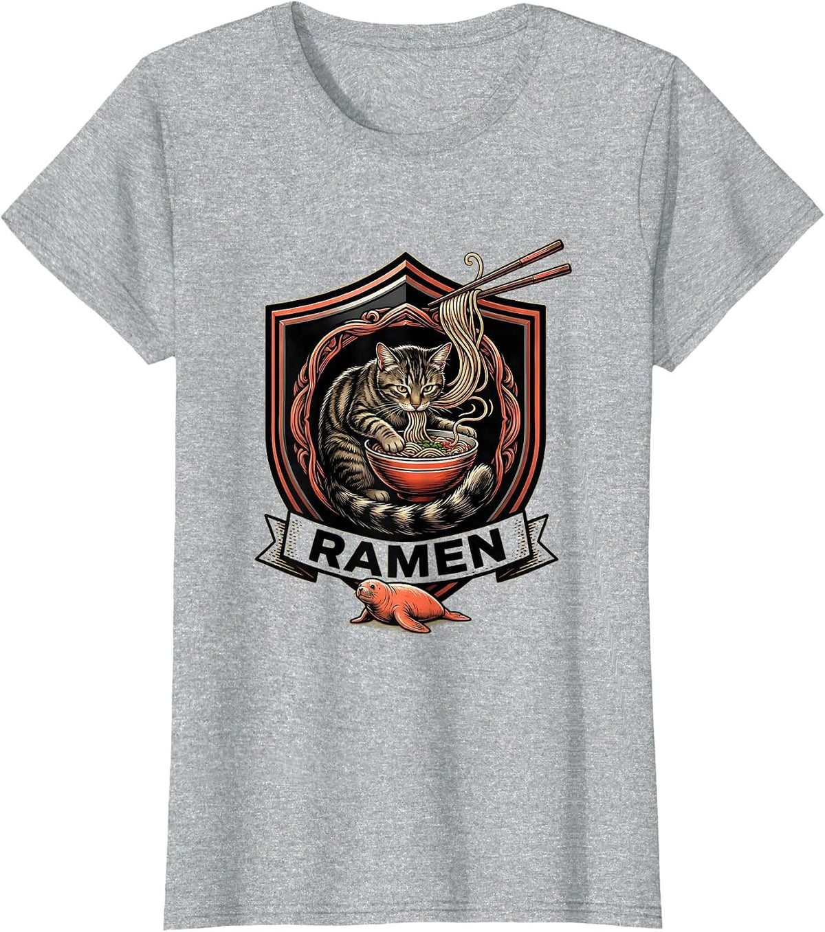 RAMEN Kawaii Anime Cat Japanese Humor Emblem T-Shirt - Heather Grey