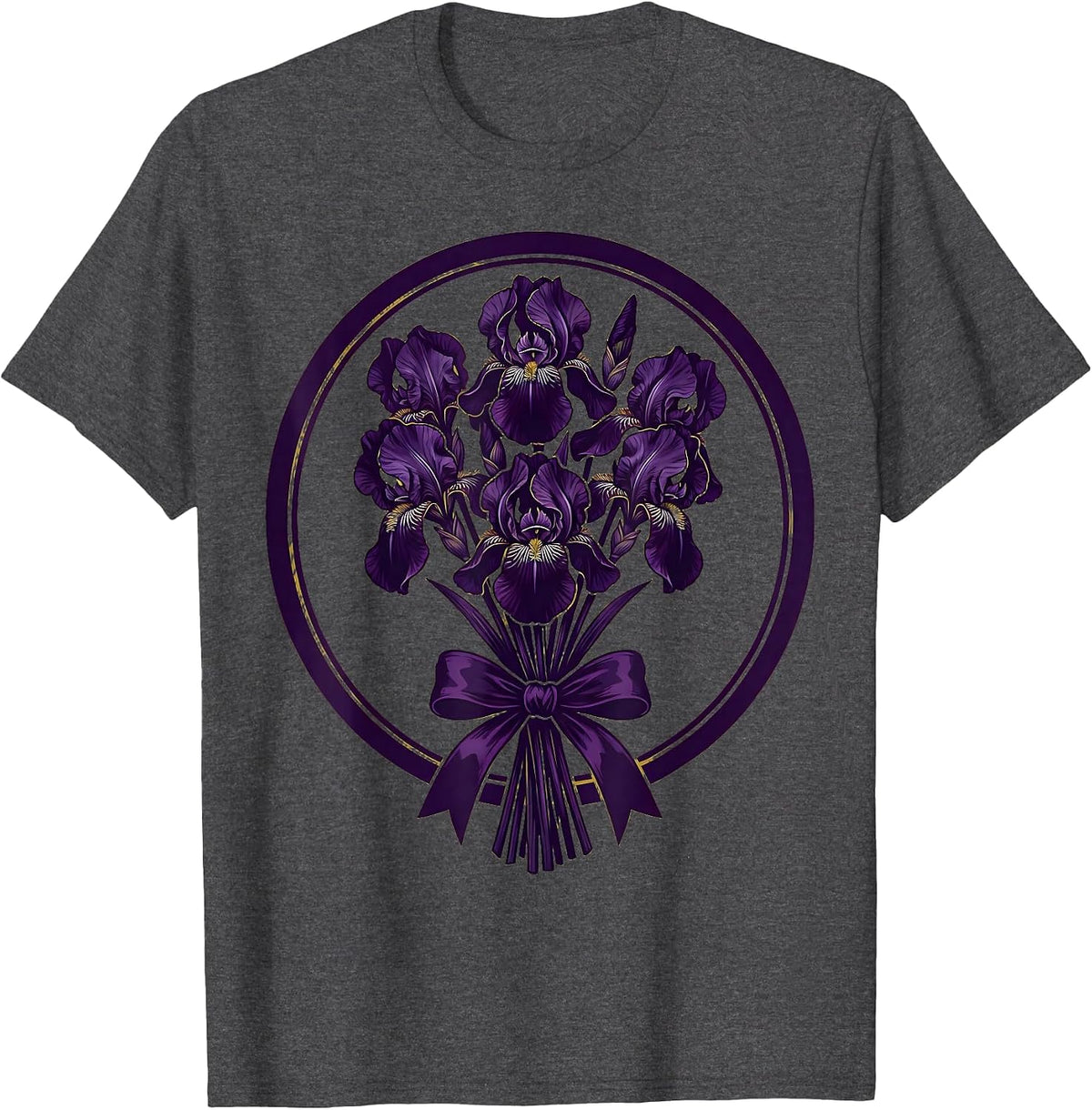 Mardi Gras Iris Bouquet Gold Ribbon Illustration T-Shirt - Dark Heather Grey
