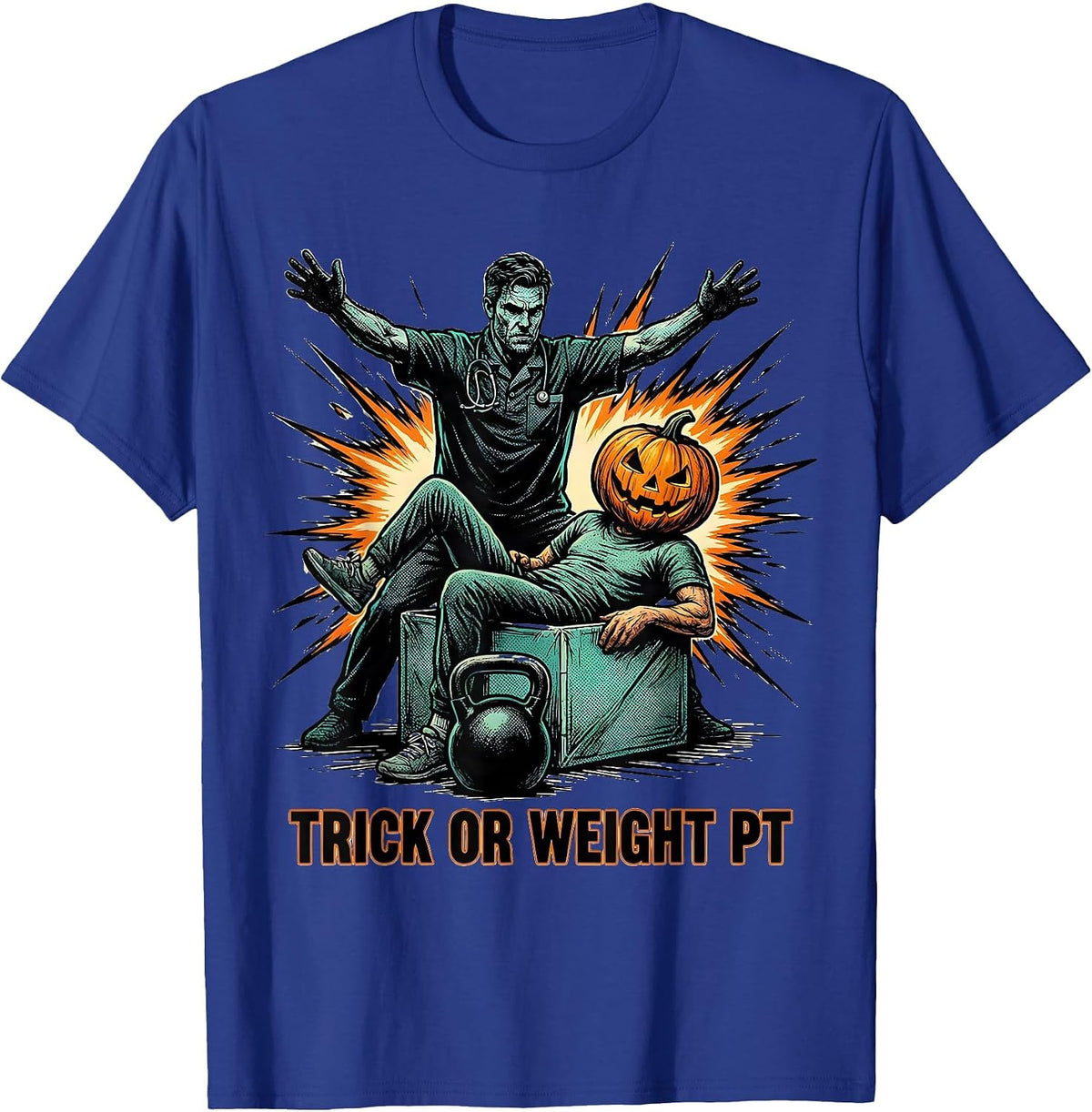 Men's Trick Or Weight PT Comic Ghost Physical Therapy Halloween T-Shirt - Royal Blue