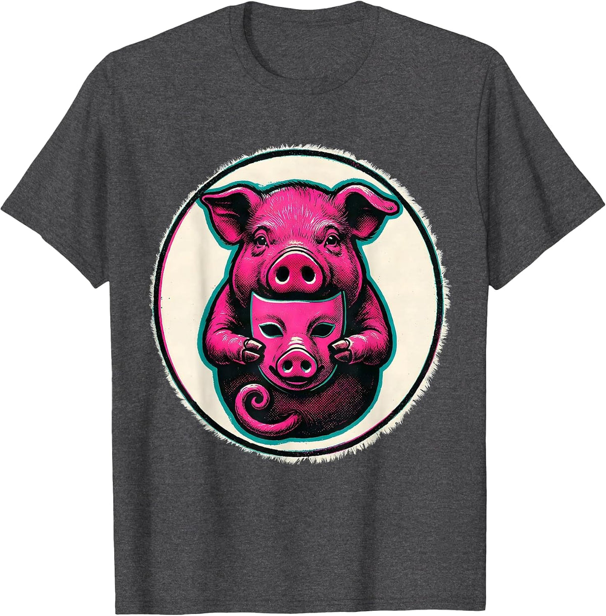 Piglet Mask Badge Risograph Pig Lover Halloween Costume T-Shirt - Dark Heather Grey
