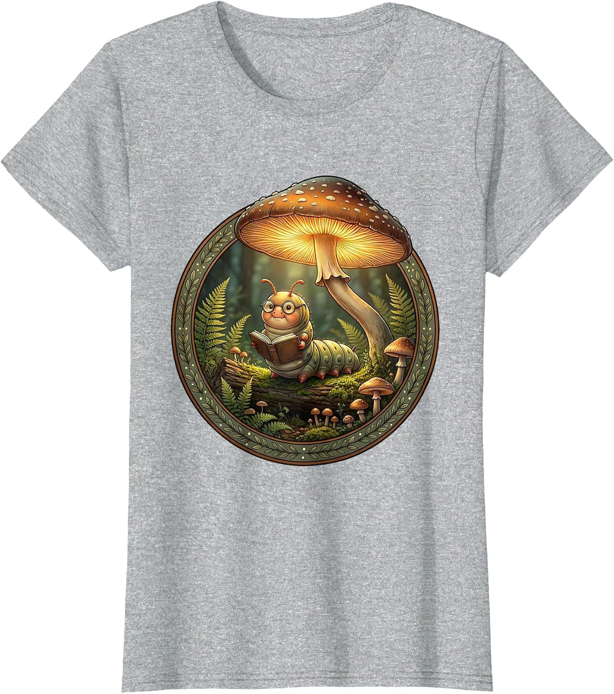 Caterpillar Reading Book Under Mushroom Lamp T-Shirt - Heather Grey