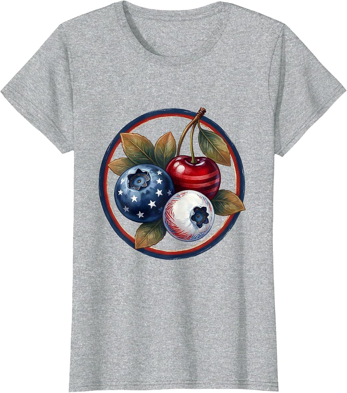 Red White and Blueberries Patriotic Fruit Art T-Shirt - Heather Grey
