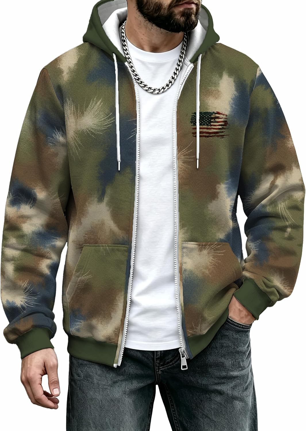 DMOYALA Mens Camo Zip Up Hoodie Hunting Fleece Jacket Western Print Oversized Long Sleeve Hooded Sweatshirt - Camo American