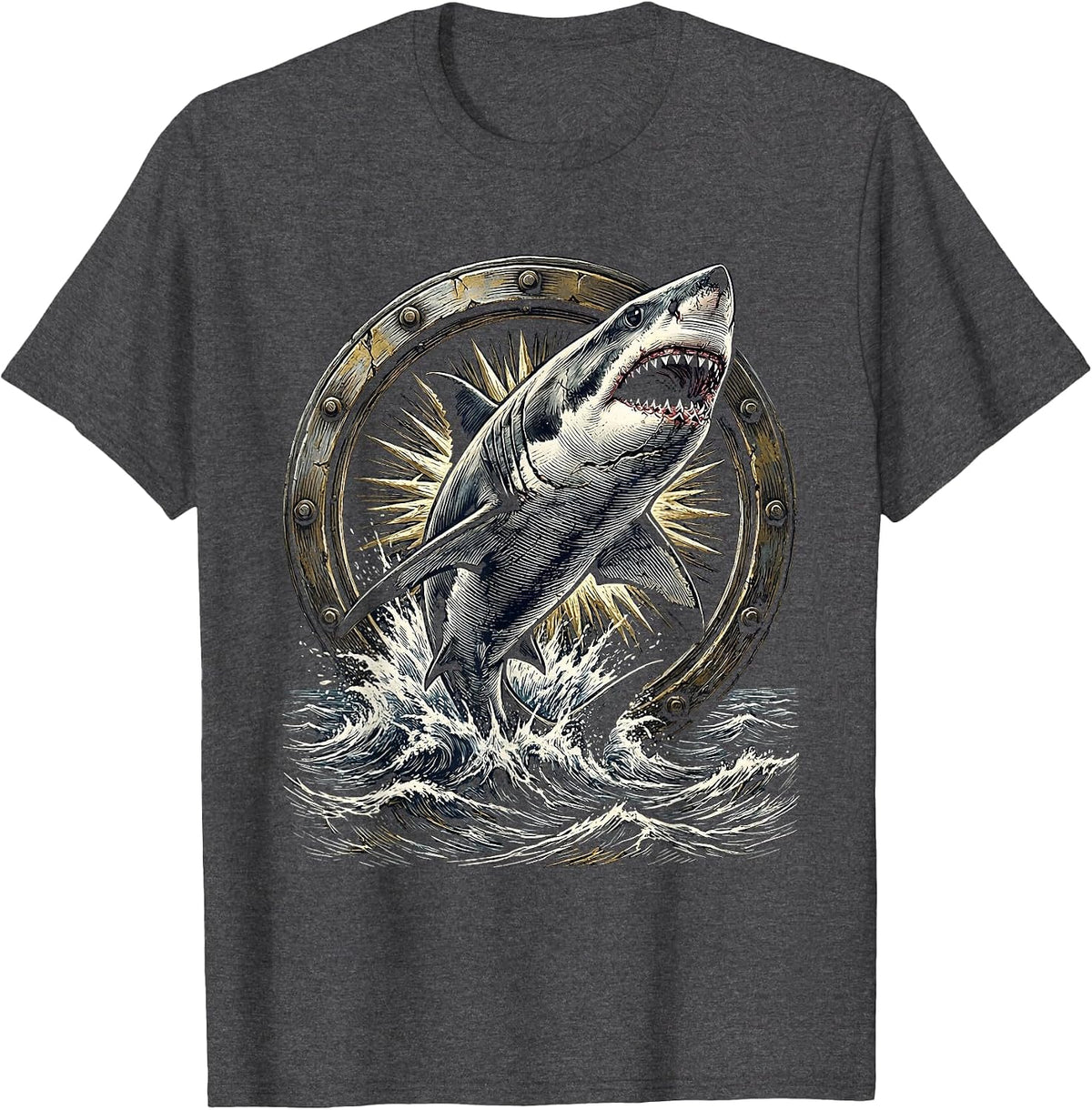 Men's Shark Leaping Through Ship Porthole Pirate T-Shirt - Dark Heather Grey
