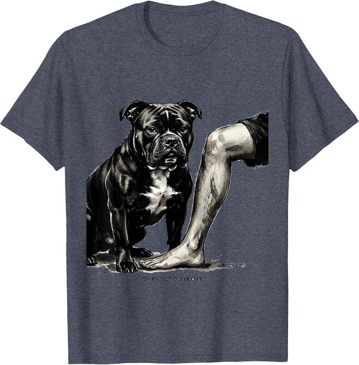 My Pittie Rescued Me Funny Pitbull Dog Mom Humor T-Shirt - Heather Blue