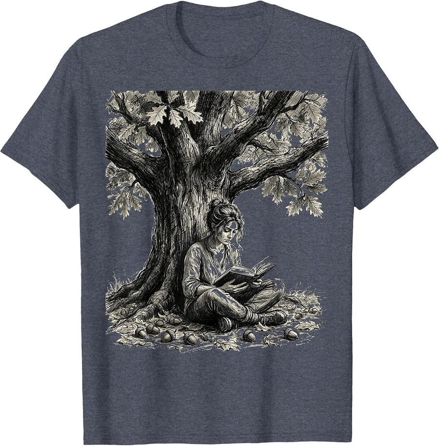 Reading Under the Oak Tree Book Lover Design T-Shirt - Heather Blue