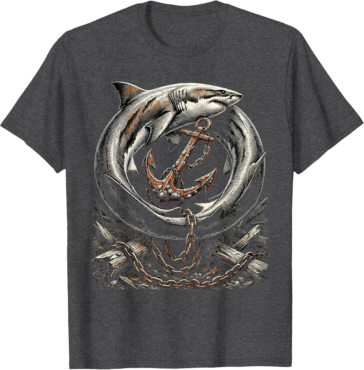 Men's Bull Shark Circling Shipwreck Anchor Graphic T-Shirt - Dark Heather Grey