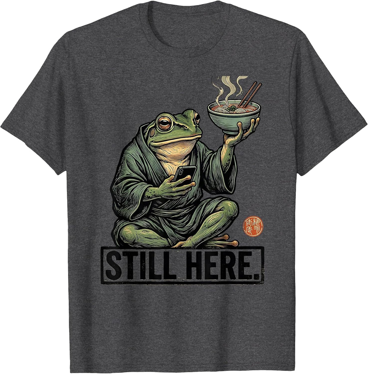 Still Here Grumpy Frog Ukiyo-e Ramen Humor Japanese Art T-Shirt - Dark Heather Grey