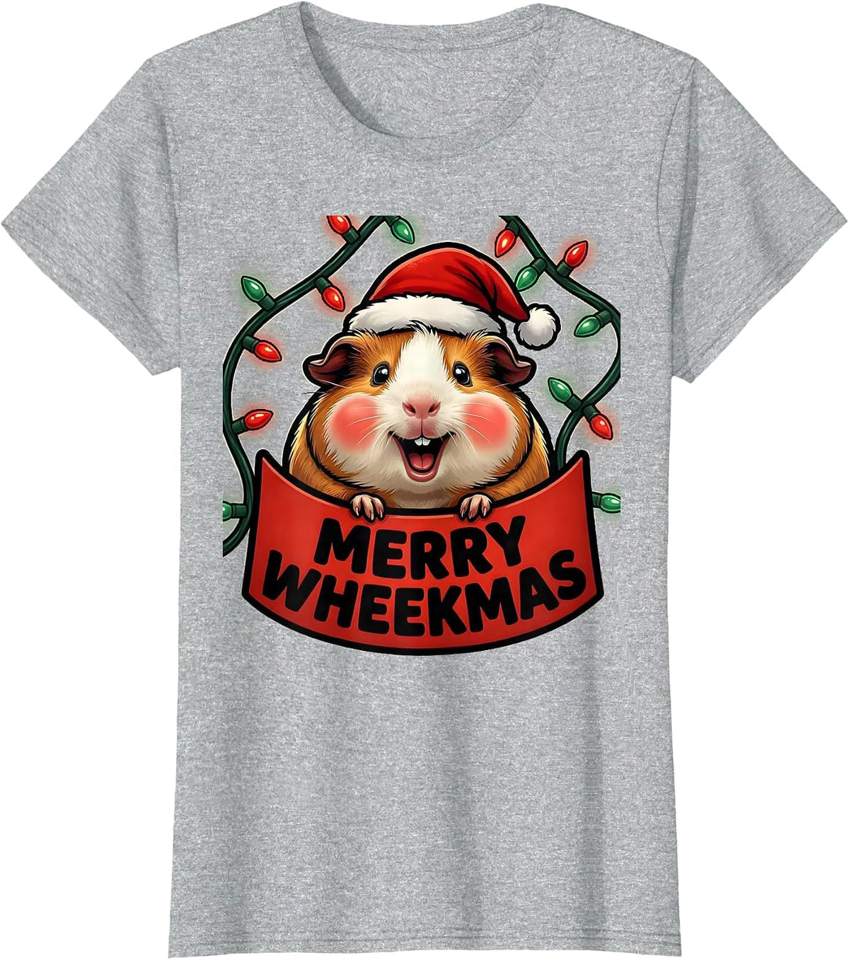 Merry Wheekmas Cartoon Guinea Pig Santa Hat Pet Lover T-Shirt - Heather Grey