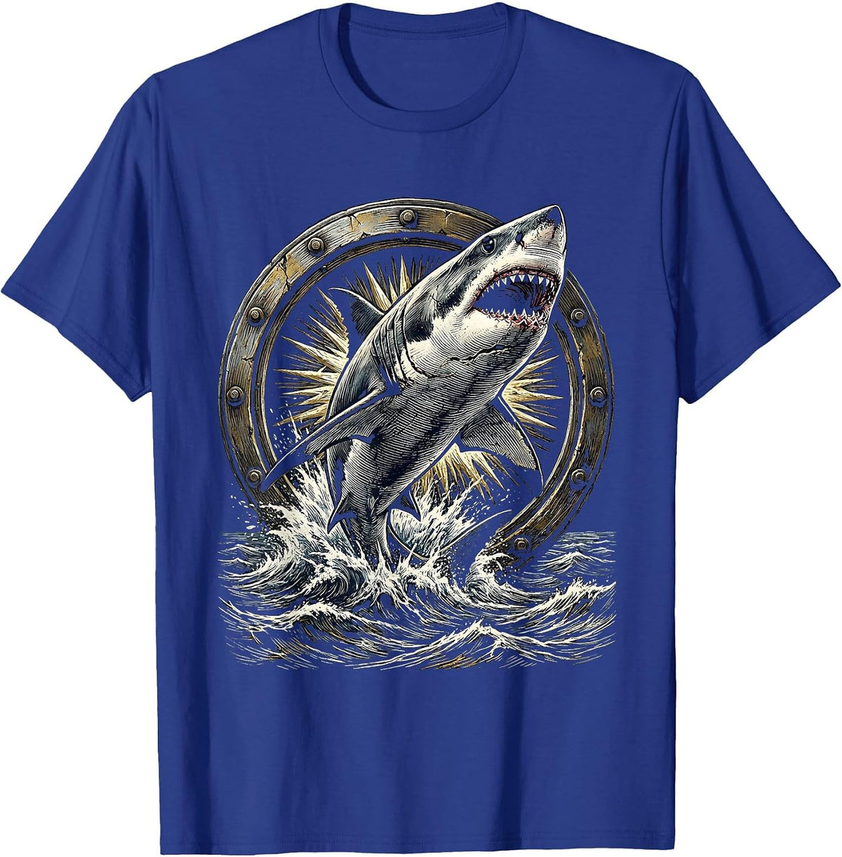 Men's Shark Leaping Through Ship Porthole Pirate T-Shirt - Royal Blue