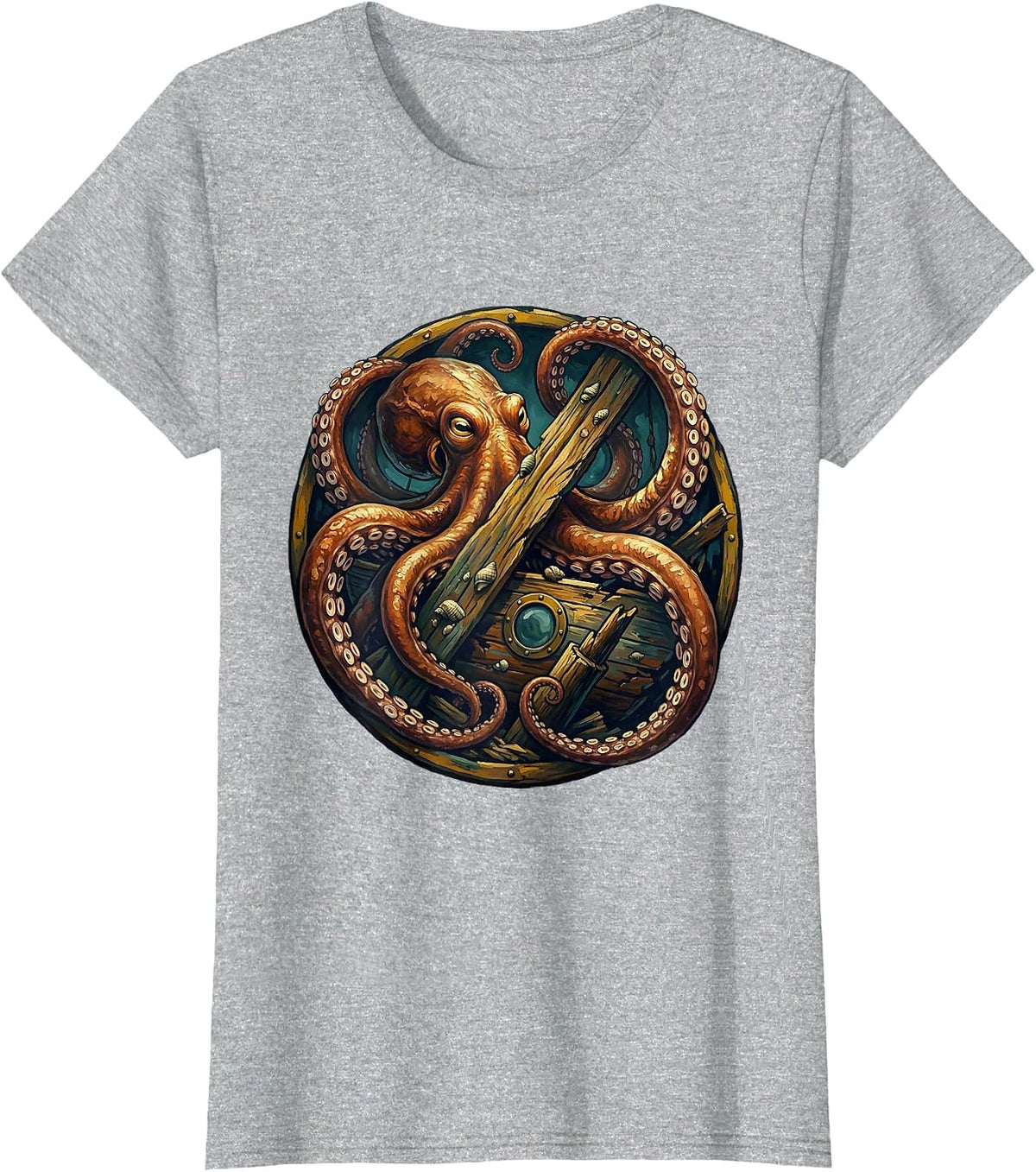Octopus Sunken Ship Sailor Graphic Tee T-Shirt - Heather Grey