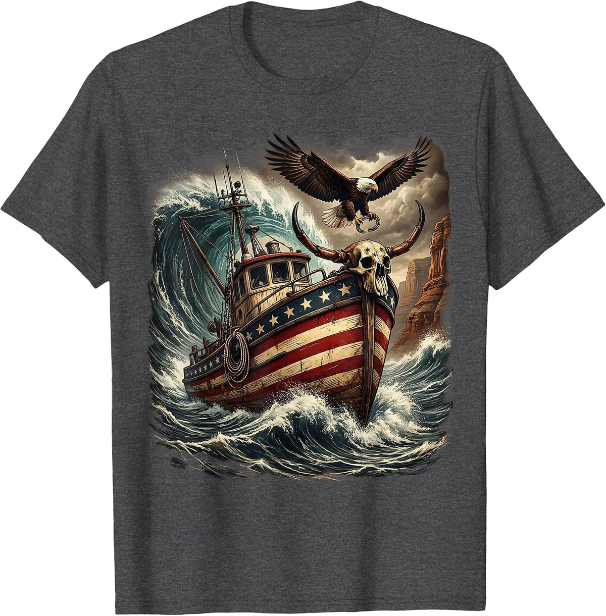 Gulf of America Crab Boat Storm Waves Illustration T-Shirt - Dark Heather Grey