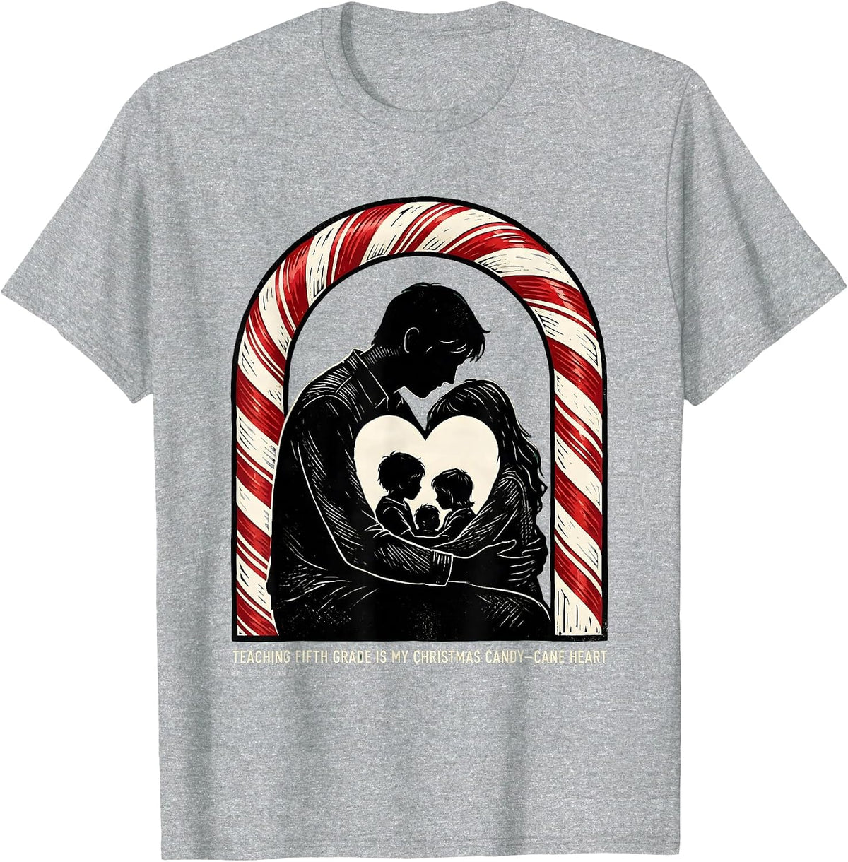 Men's Teaching Fifth Grade Is My Christmas Candy-Cane Heart T-Shirt - Heather Grey