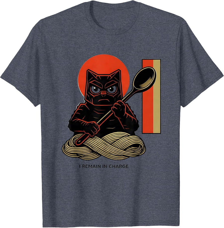 I Remain In Charge Geometric Kaiju Cat Ramen Samurai Humor T-Shirt - Heather Blue