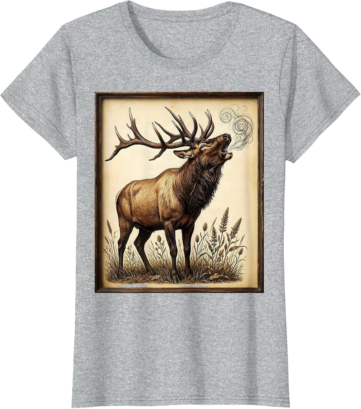 Elk Bugling in the Wild Breath Fog Illustration T-Shirt - Heather Grey