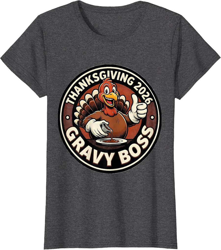 Women's Thanksgiving 2026 Gravy Boss Retro Cartoon Family Crew T-Shirt - Dark Heather Grey