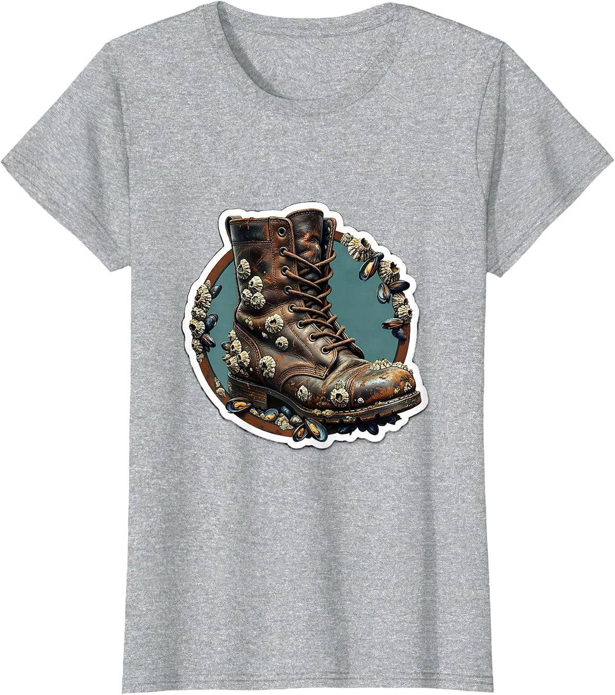 Salty Old Sailor Boot Barnacle Illustration T-Shirt - Heather Grey