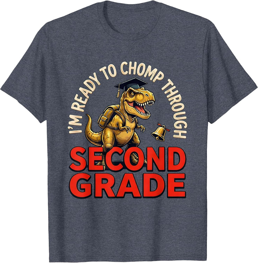 I'm Ready To Chomp Through Second Grade Funny Dinosaur T-Shirt - Heather Blue