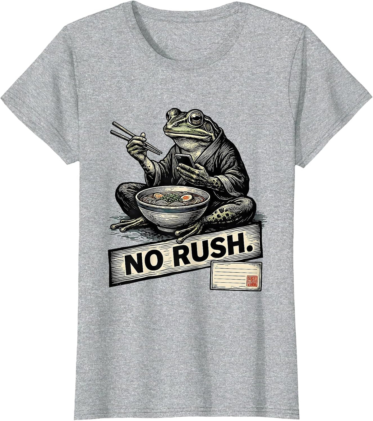 No Rush Funny Grumpy Frog Eat Ramen and Scroll Phone T-Shirt - Heather Grey