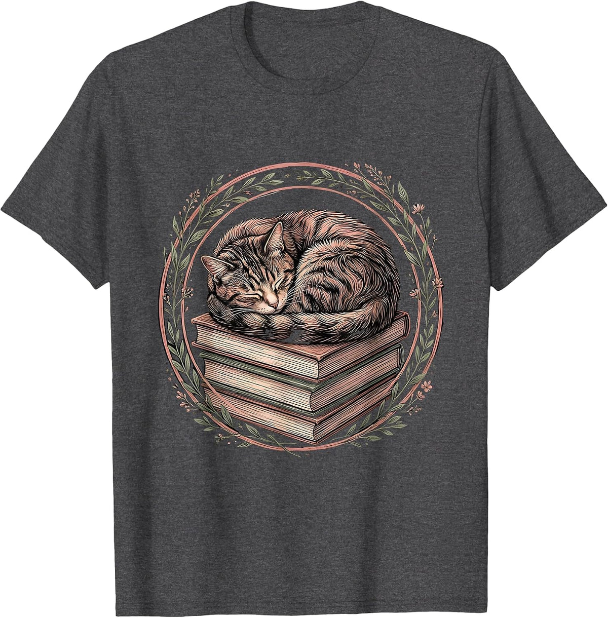 Sleeping Cat on Books Cozy Reading Illustration T-Shirt - Dark Heather Grey