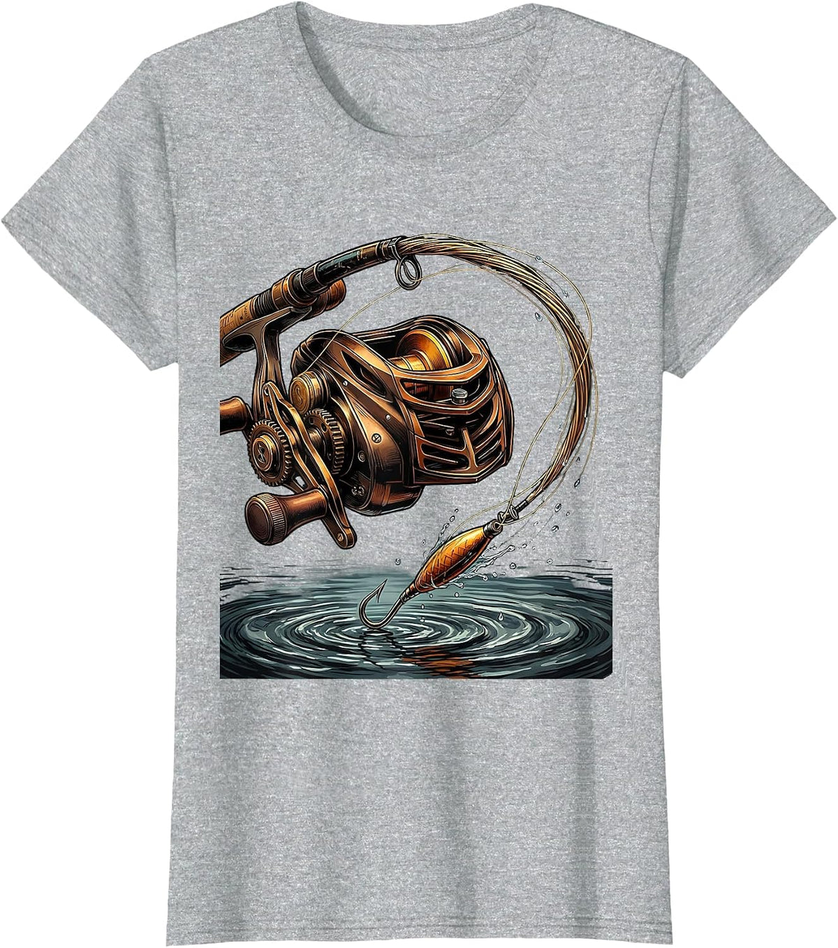 Fishing Reel Line Cast Graphic Tee T-Shirt - Heather Grey