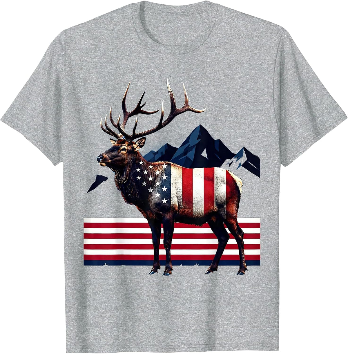 Men's Elk in Misty Mountain Meadow Wildlife Design T-Shirt - Heather Grey