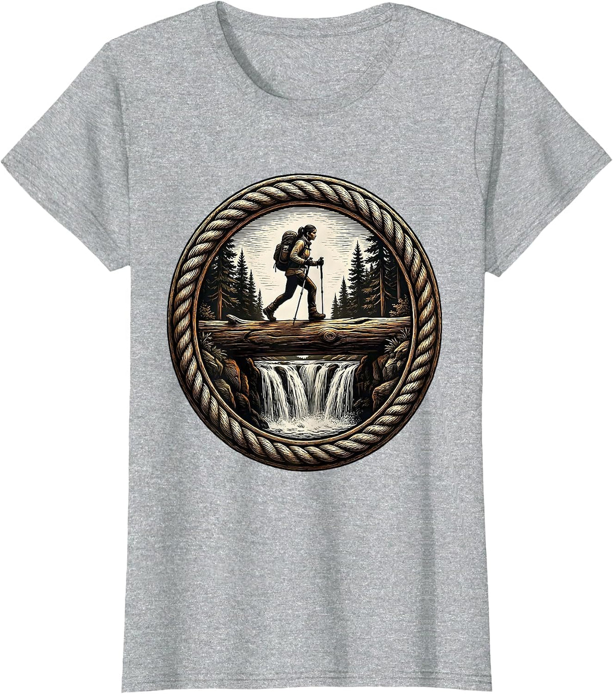Women's Hiker Crossing Log Bridge Over Waterfall T-Shirt - Heather Grey