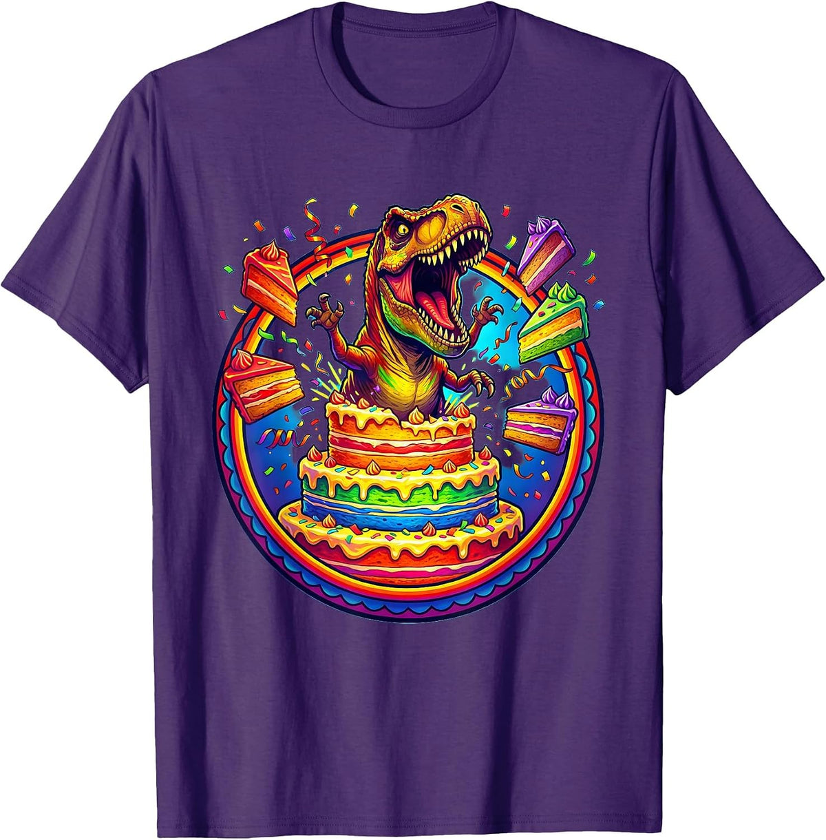 Men's Dinosaur Bursting Through Birthday Cake Graphic T-Shirt - Purple
