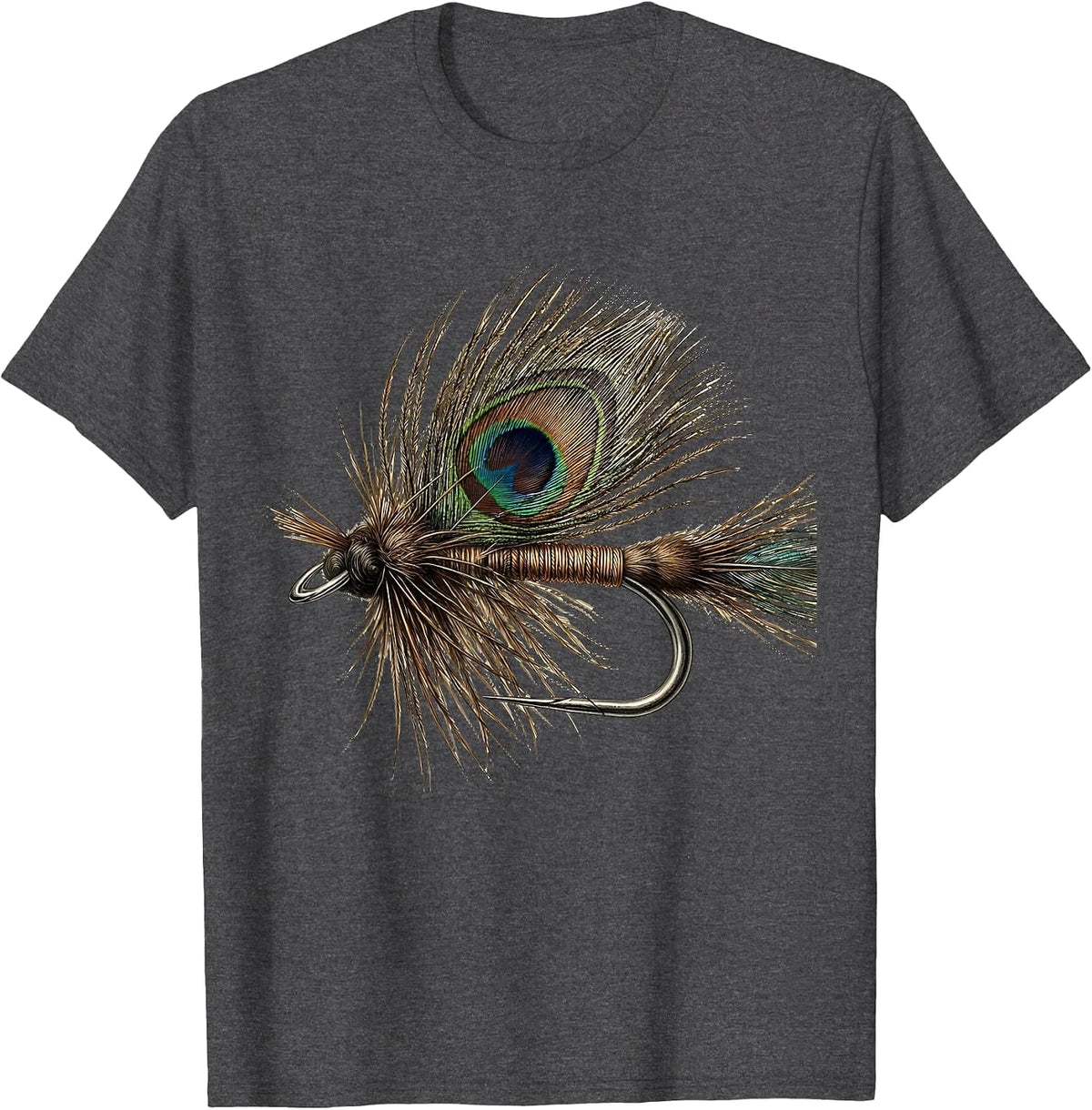 Feather Fly Fishing Hook Illustration T-Shirt - Dark Heather Grey