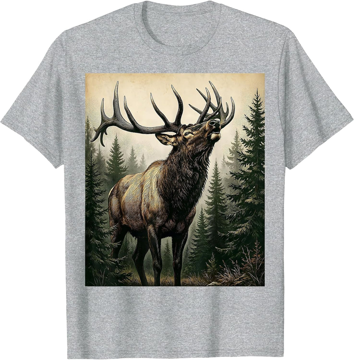 Men's Elk Bugling in Misty Camo Forest Graphic T-Shirt - Heather Grey