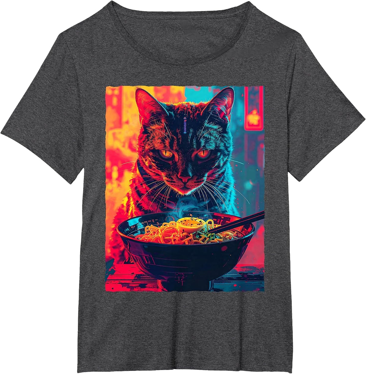 Synthwave Otaku Anime Cat Eating Japanese Ramen Noodles T-Shirt - Dark Heather Grey
