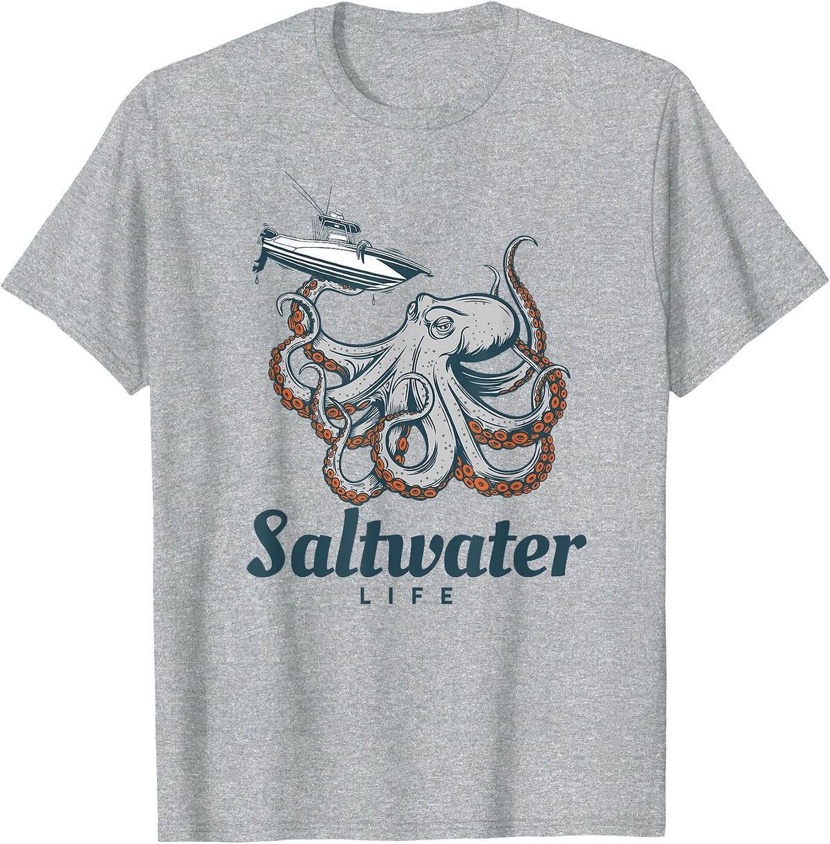 Saltwater Life Saltwater Octopus Holding a Boat T-Shirt - Heather Grey
