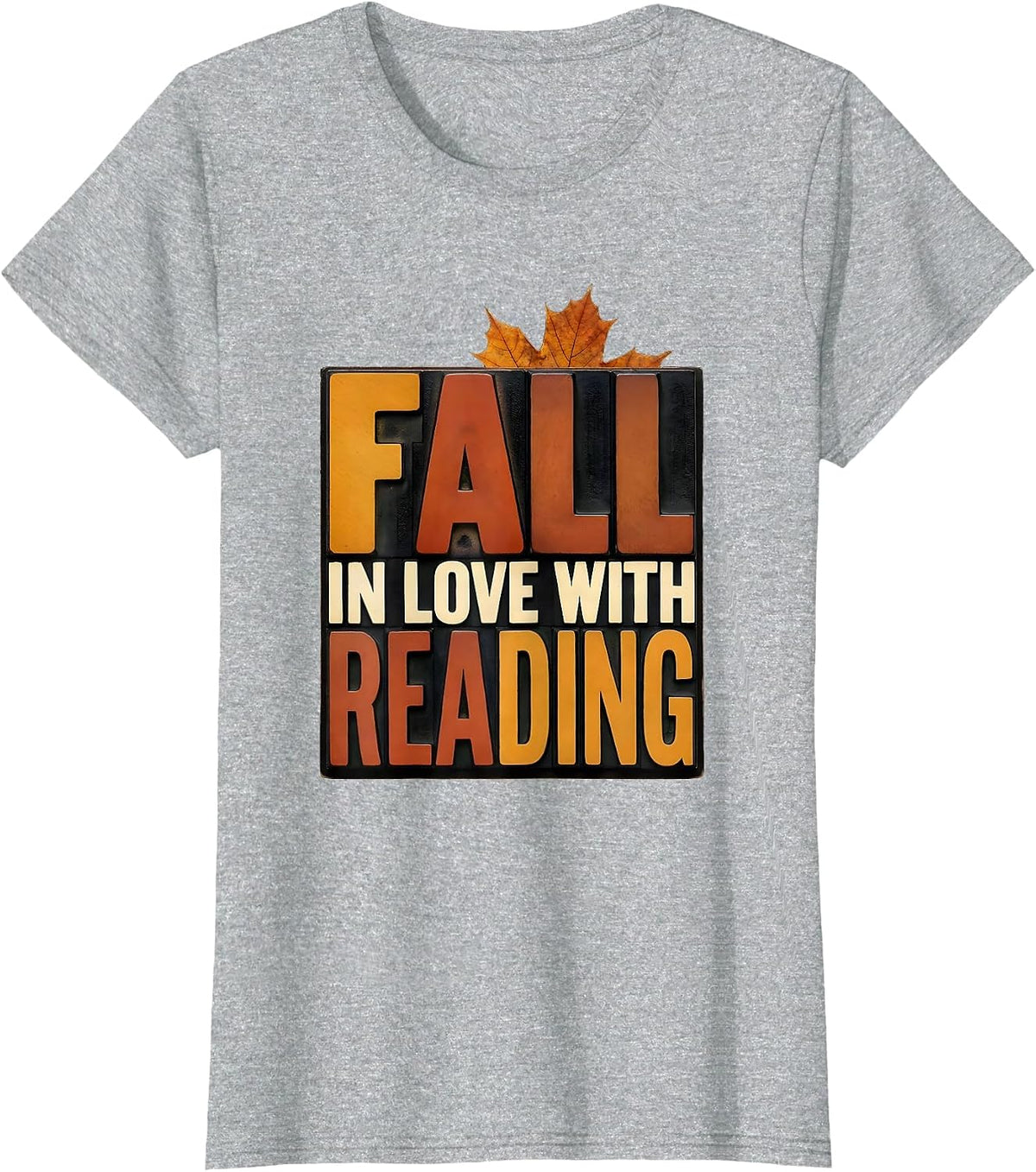 Women's Fall In Love With Reading Wood Type Teacher Book Lover T-Shirt - Heather Grey