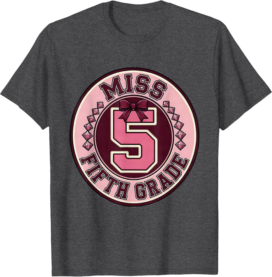 Men's Miss Fifth Grade Sparkle Varsity Coquette Bow Back To School T-Shirt - Dark Heather Grey