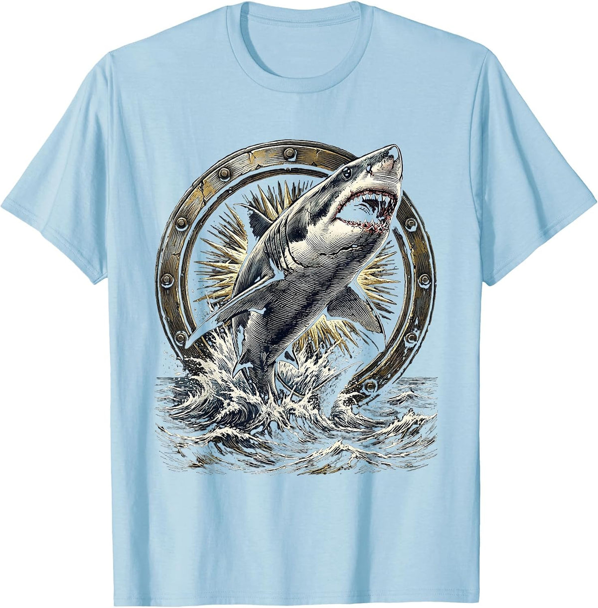 Men's Shark Leaping Through Ship Porthole Pirate T-Shirt - Baby Blue