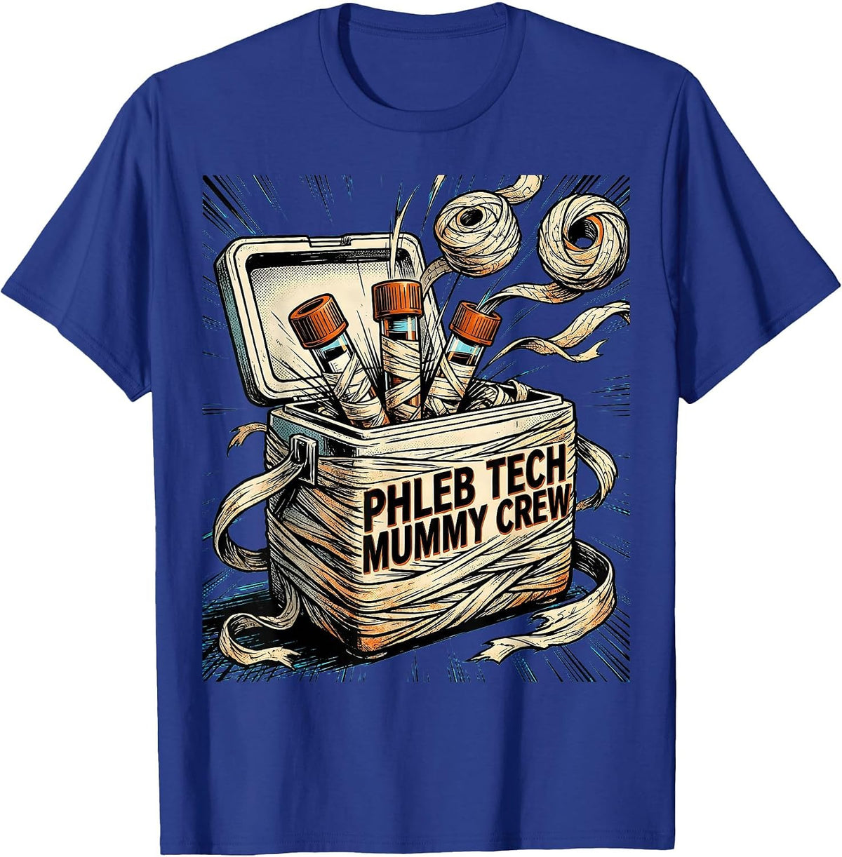 Phleb Tech Mummy Crew Comic Book Halloween Medical Crew T-Shirt - Royal Blue