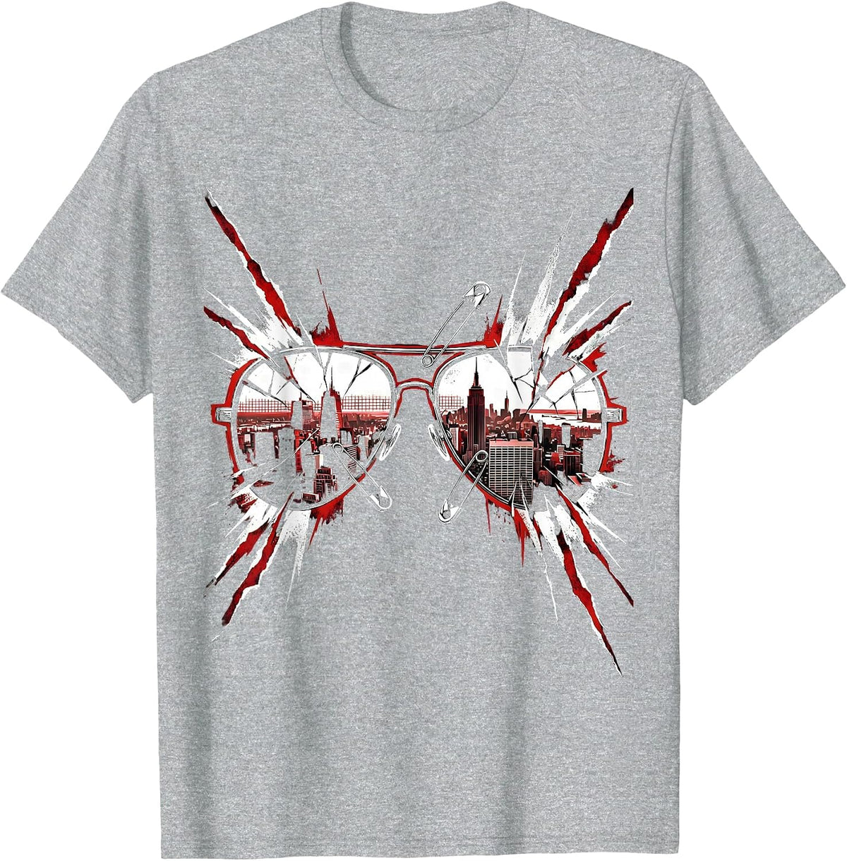 Men's Retro Synthwave Cityscape Reflective Sunglasses T-Shirt - Heather Grey