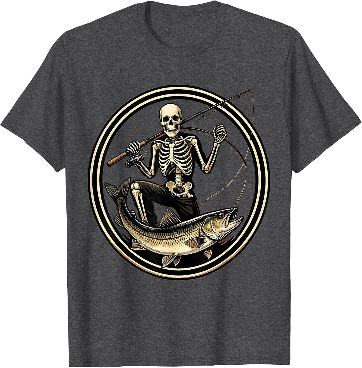 Celebratory Skeleton Angler Fishing Halloween Party T-Shirt - Dark Heather Grey