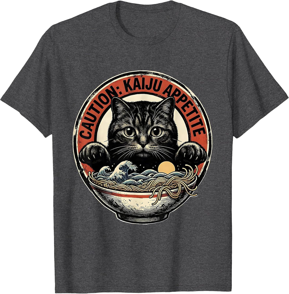 Caution: Kaiju Appetite Playful Japanese Cat Anime Ramen Art T-Shirt - Dark Heather Grey
