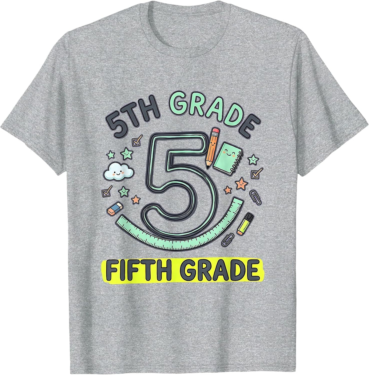 Men's 5TH GRADE FIFTH GRADE Kawaii Stationery Doodle Back T-Shirt - Heather Grey