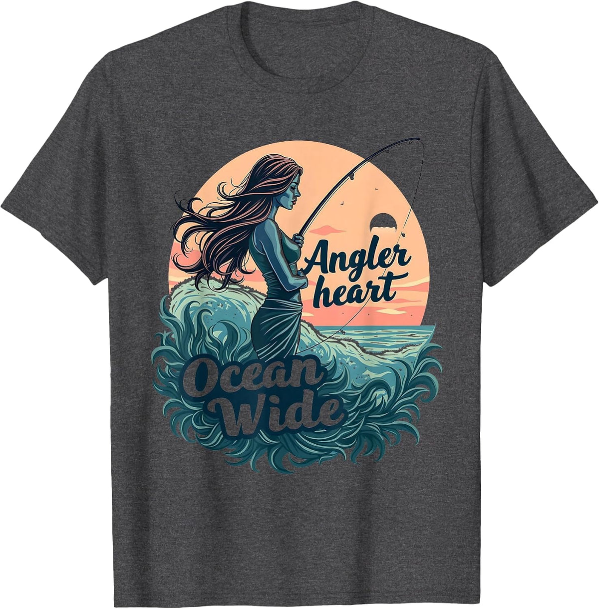 Angler Heart Ocean Wide Fishing Design T-Shirt - Dark Heather Grey