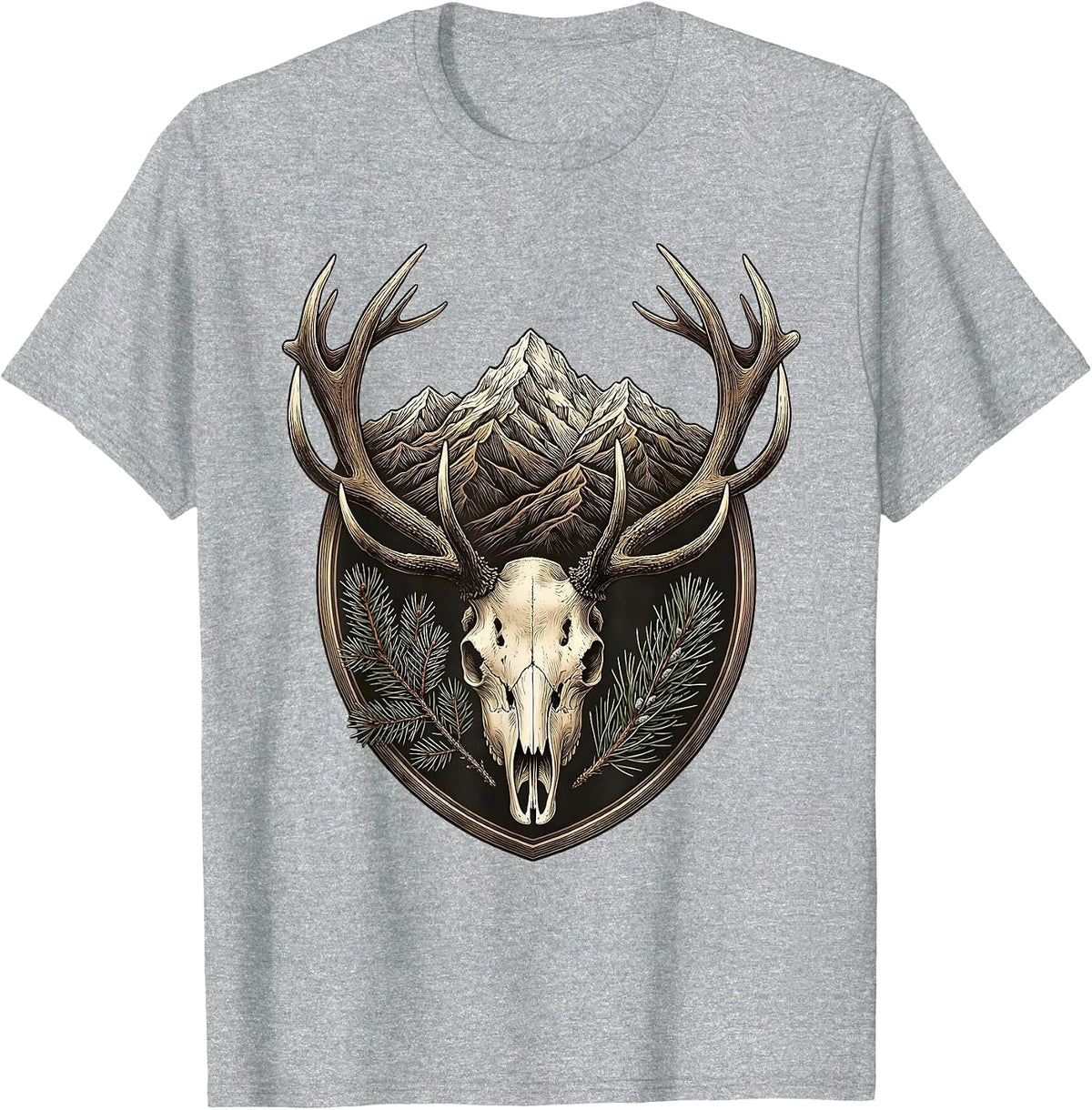 Men's Bull Elk Antlers Framing Mountain Sunset T-Shirt - Heather Grey