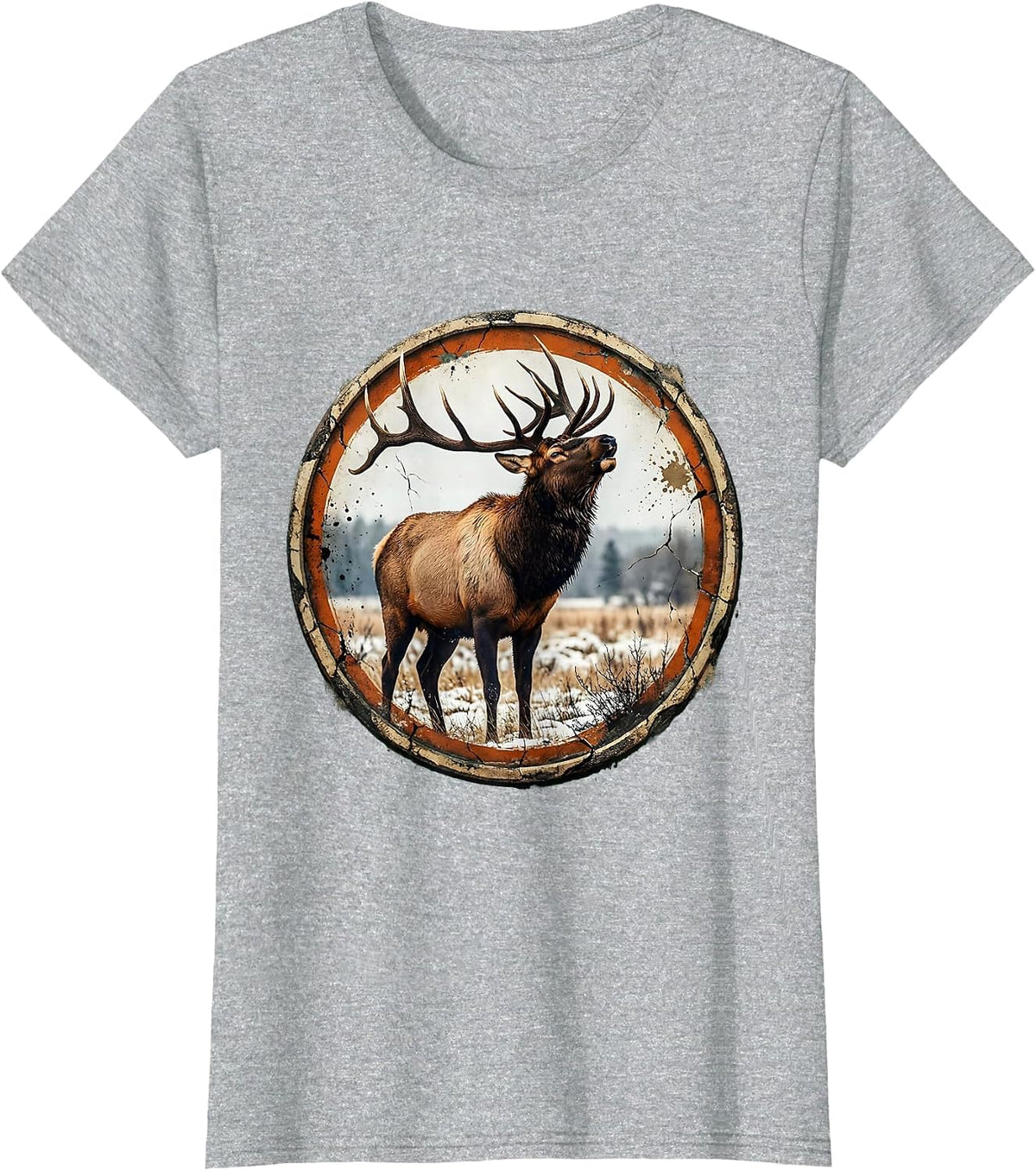 Women's Bull Elk Bugling in Snowy Meadow Illustration T-Shirt - Heather Grey