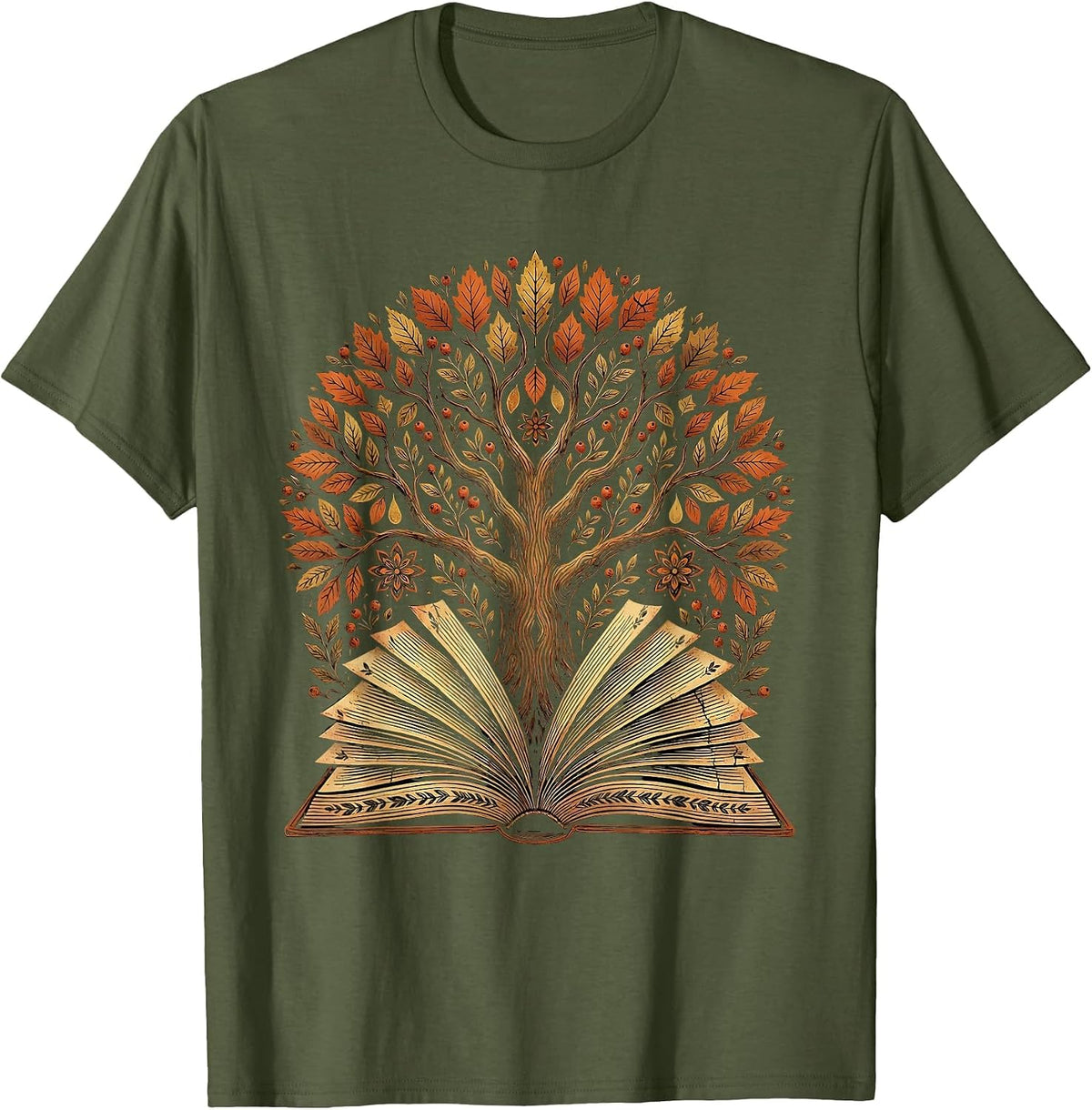 Fall Teacher Open Book Tree Growing Illustration T-Shirt - Olive Green