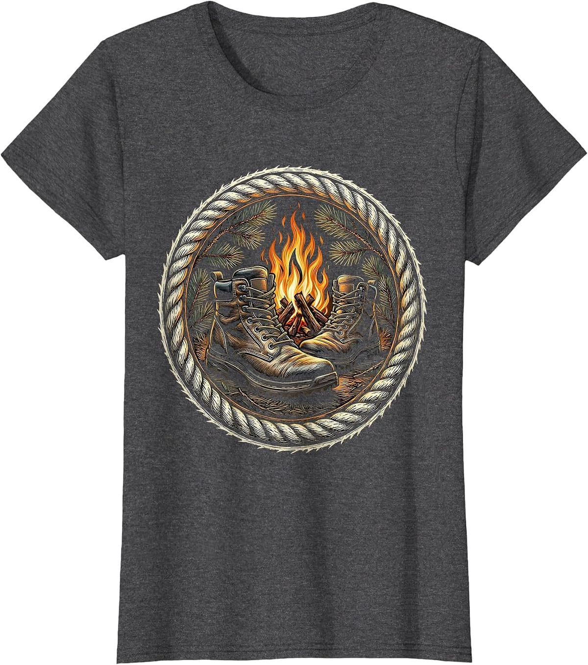 Women's Hunting Boots Campfire Illustration Hunting Design T-Shirt - Dark Heather Grey