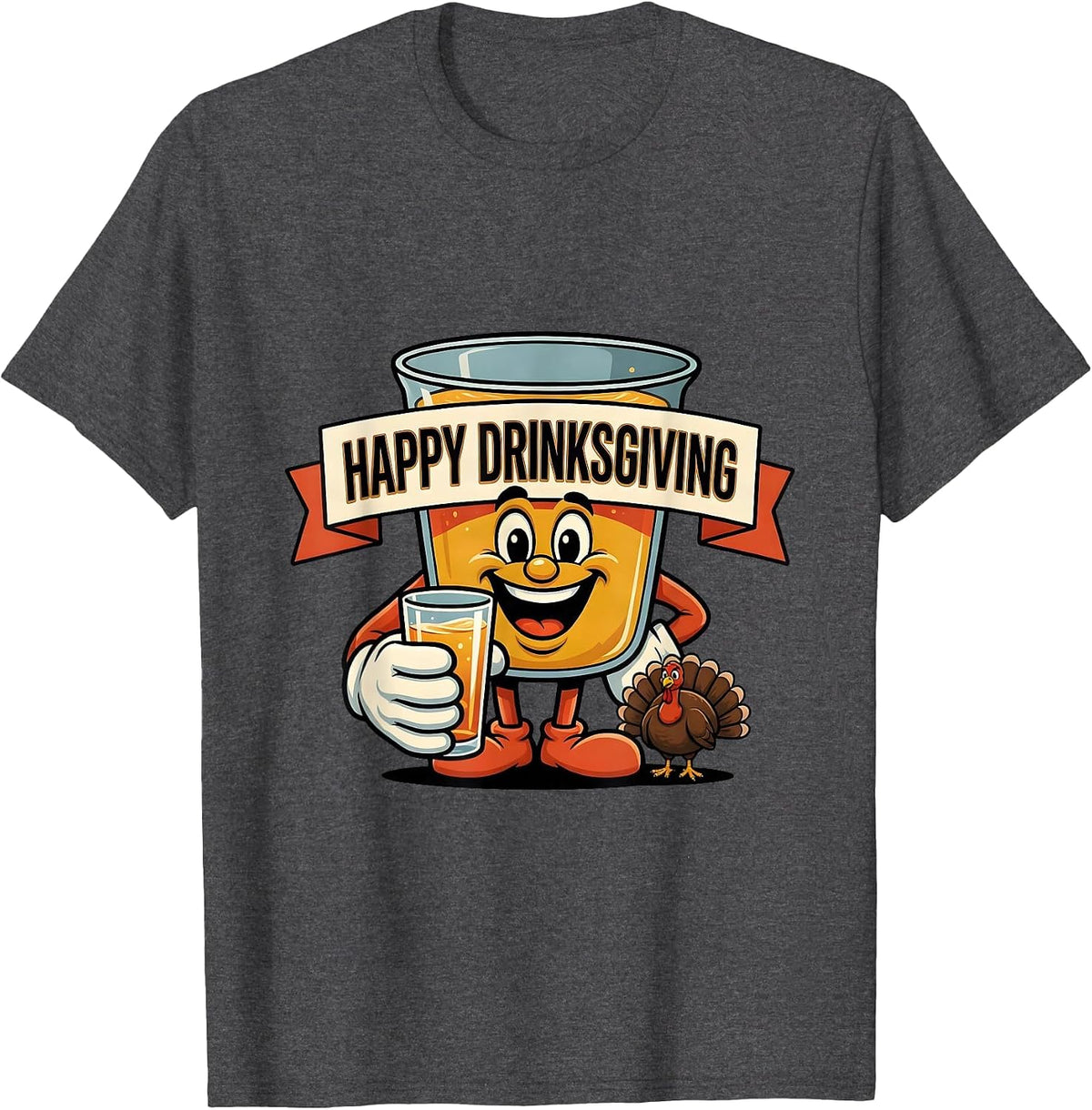 Happy Drinksgiving Retro Advertising Mascot Drinking Humor T-Shirt - Dark Heather Grey