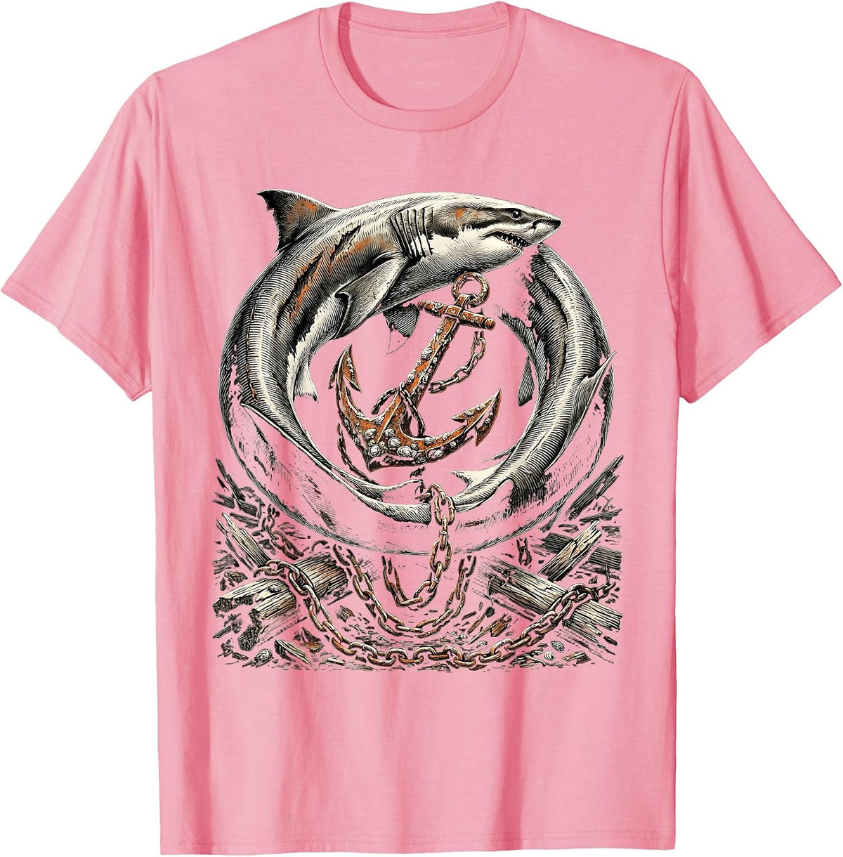Men's Bull Shark Circling Shipwreck Anchor Graphic T-Shirt - Pink