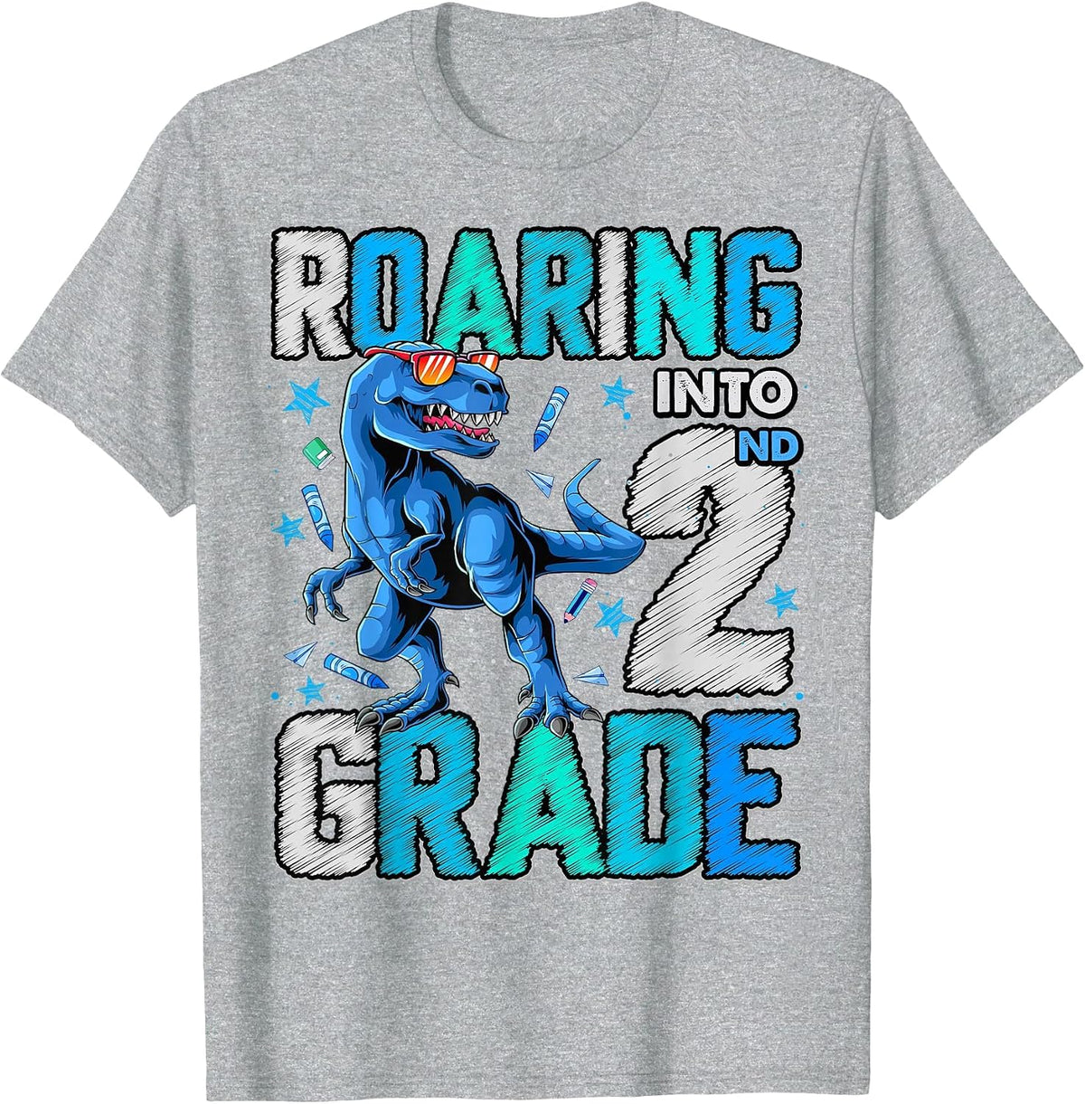 Roaring Into 2nd Grade Dinosaur T Rex Back to School Boys T-Shirt - Heather Grey