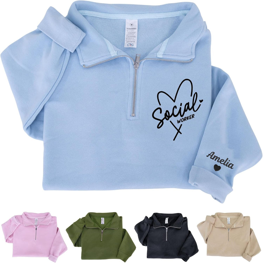 Custom Embroidered Social Worker Quarter Zip Sweatshirt, Personalized Name on Sleeve with Heart, Social Work Graduation