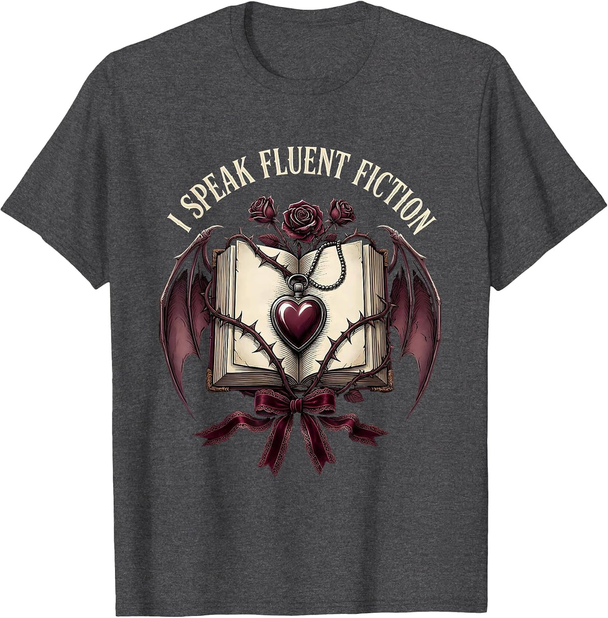 Men's I Speak Fluent Fiction Book Character Teacher T-Shirt - Dark Heather Grey